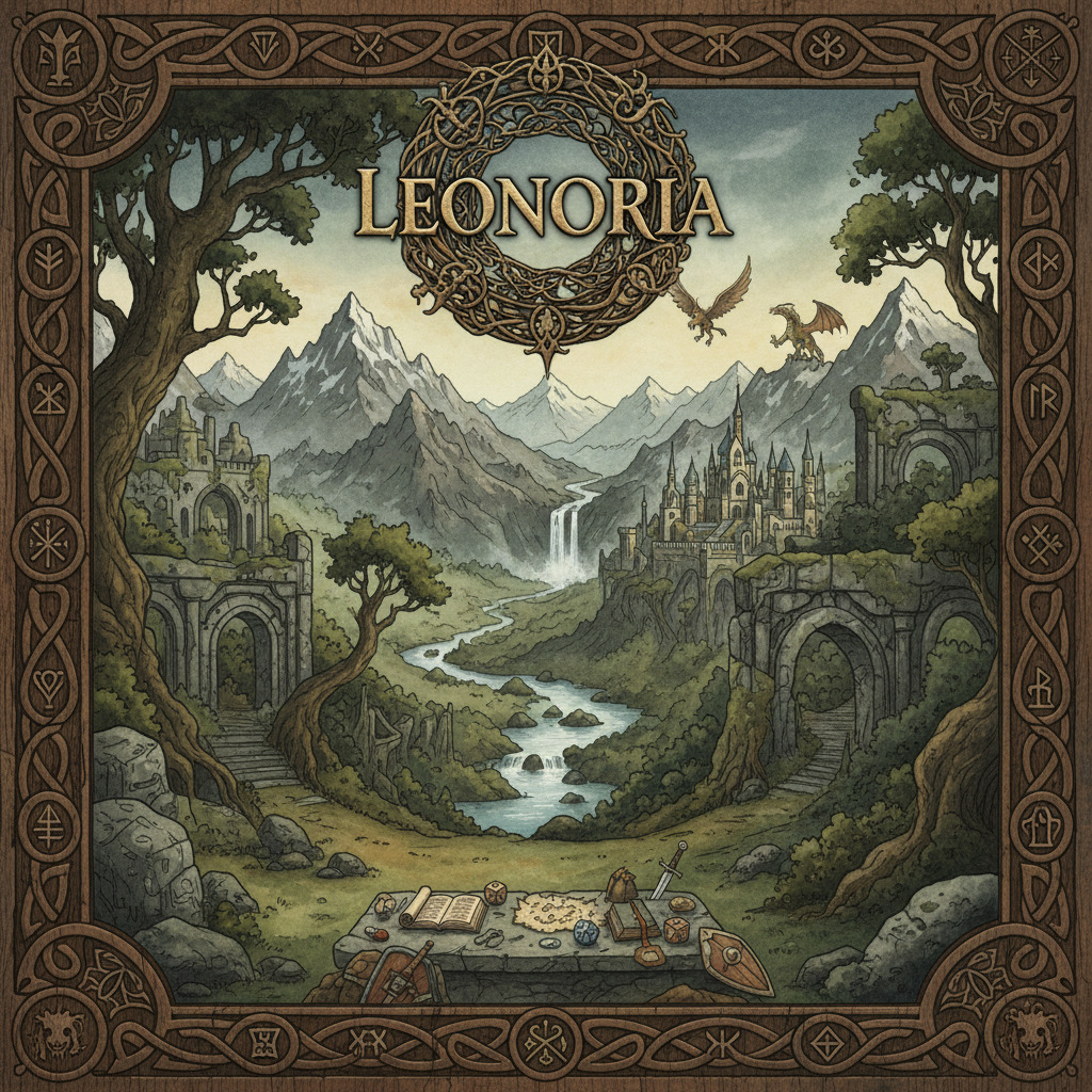 A sweeping vista of Leonoria — ancient forests, mist-covered mountains, and untamed lands stretching toward an endless horizon